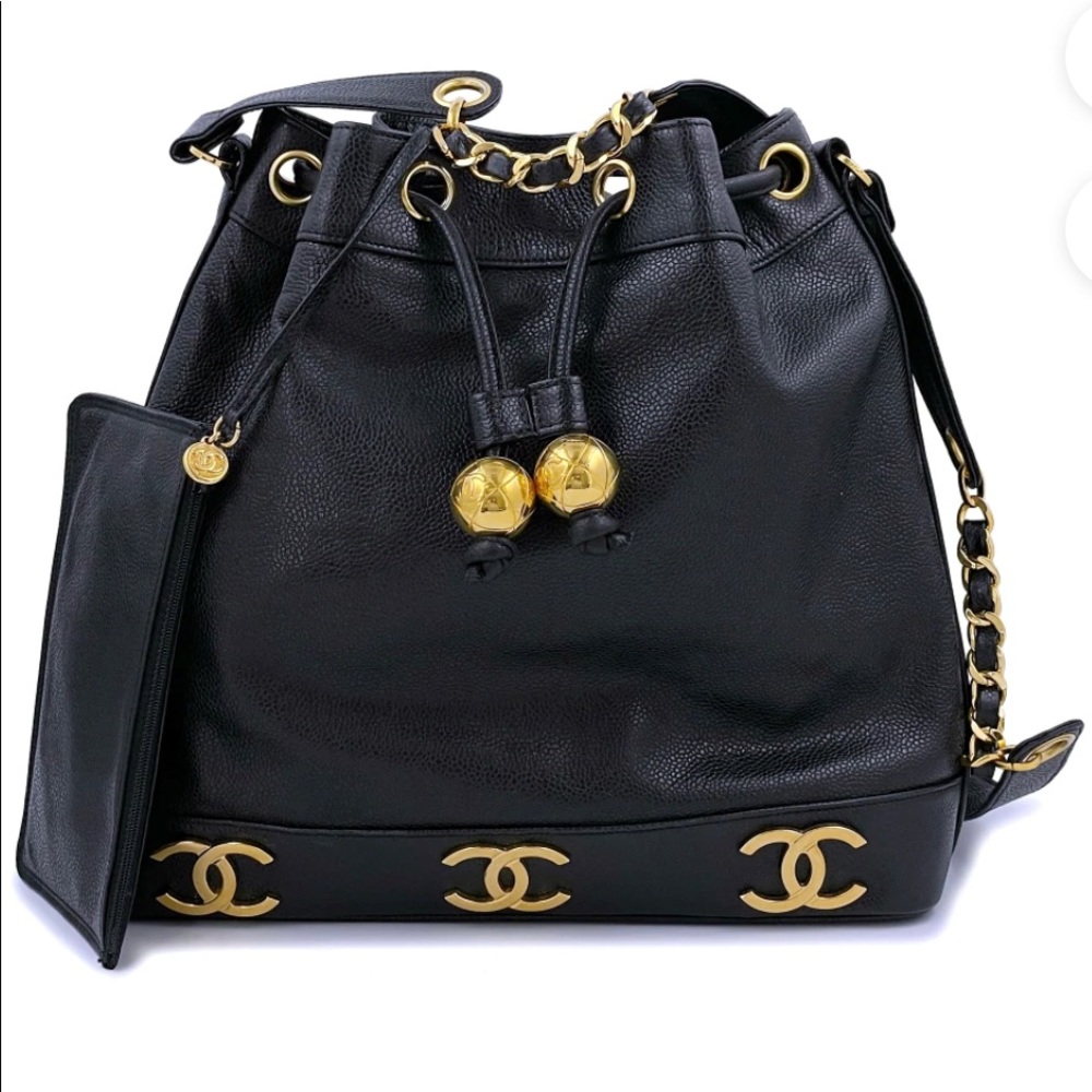 Vintage Chanel Caviar bucket bag with 24K gold hardware